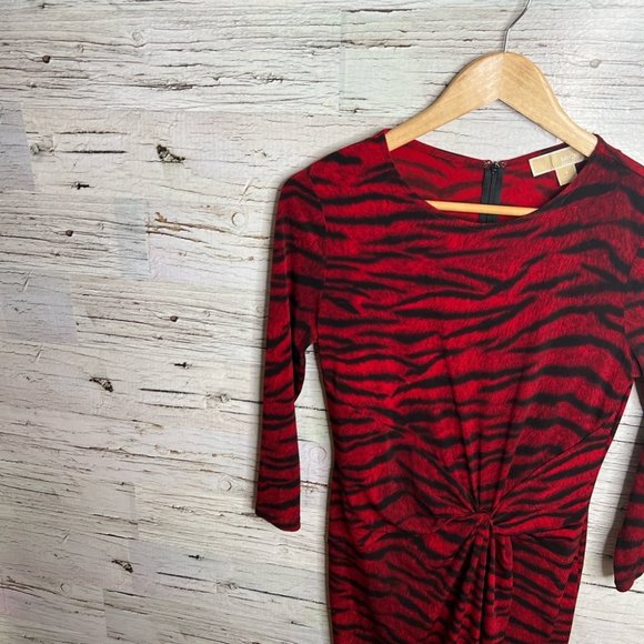 Michael Kors red black dress midi long sleeve tiger print - Picture 3 of 8